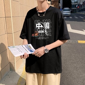 T3302P25落肩款宽松T恤克莱因蓝男T中性风印花T恤男士男士港风T恤