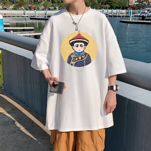T3675P25已爆落肩款宽松T恤克莱因蓝T圆领卡通印花T恤 男港风T恤图片