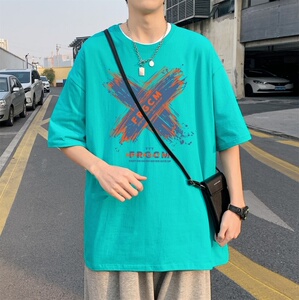 T3671已爆 男港风T恤圆领卡通印花T恤落肩款宽松T恤克莱因蓝T图片