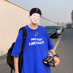 T3300P25男士港风T恤落肩款宽松T恤克莱因蓝男T中性风印花T恤男士图片
