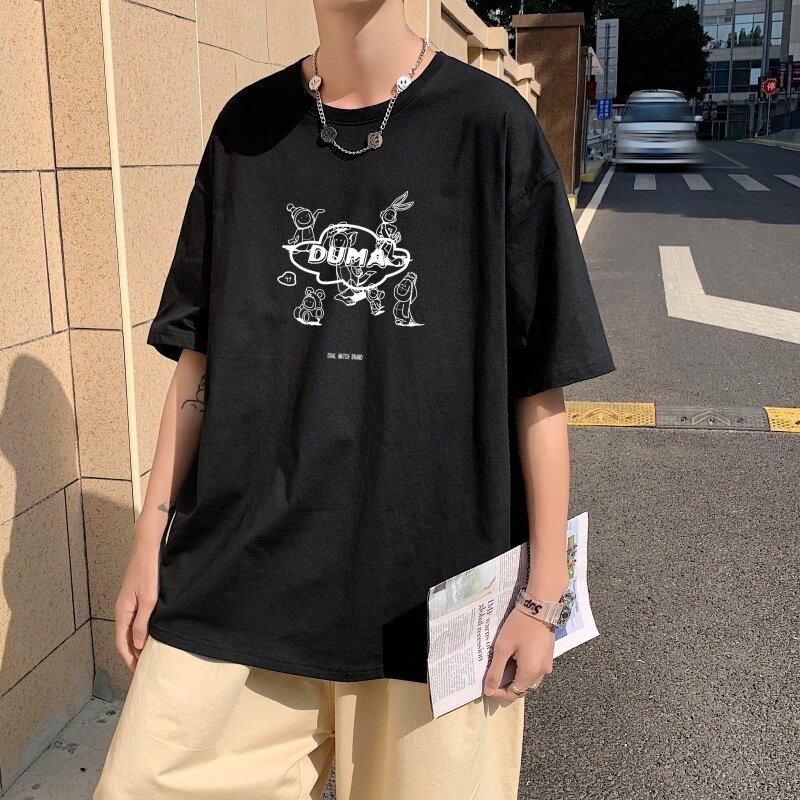 T3465宽松T恤克莱因蓝T圆领卡通英文印花T恤男港风T恤落肩款,男装T恤,星座510A-1
