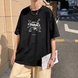 T3465宽松T恤克莱因蓝T圆领卡通英文印花T恤男港风T恤落肩款，男装T恤，星座510A-1