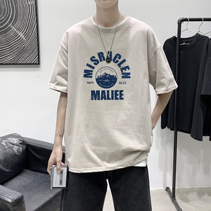 T1758P25 港风100%棉2022新款短袖T恤男简约字母印花青春休闲T恤图片