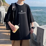 T3468P25落肩款宽松T恤克莱因蓝T圆领T恤男英文印花港风T恤，男装T恤，星座510A-1