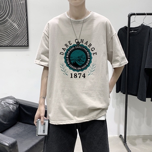 T1759P25 港风100%棉2022新款短袖T恤男字母印花青春休闲T恤图片