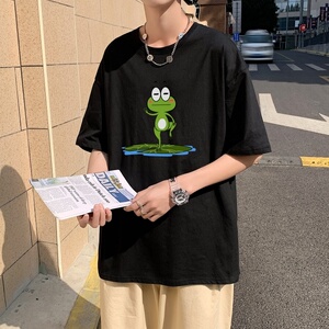 T3672P25已爆男港风T恤圆领卡通印花T恤落肩款宽松T恤克莱因蓝T