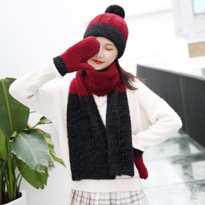 W1208P75冬季户外可爱毛球围巾手套帽三件套针织三件套装保暖套件图片