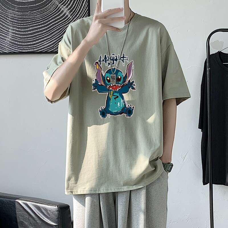 T1761P25港风100%棉2021新款短袖T男涂鸦史迪仔印花青春休闲T恤,男装T恤,星座510A-1