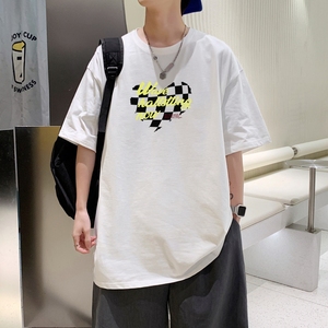 T3410已爆 男港风T恤落肩款宽松T恤克莱因蓝T圆领卡通印花T恤图片