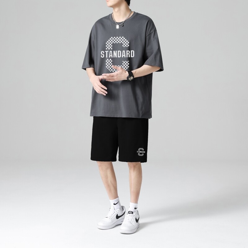TZ3669轻奢时尚感男士短袖t恤男夏季薄款潮牌短裤休闲运动套装图片