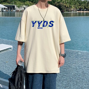 T3299P25克莱因蓝男T永远的神字母印花T男士港风T恤落肩款宽松T恤图片