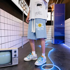 DN3908P45卡其色笑脸短裤男复古vintage夏季冰丝薄款过膝五分裤图片