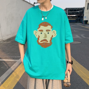 T3674已爆 男港风T恤落肩款宽松T恤克莱因蓝T圆领卡通印花T恤图片