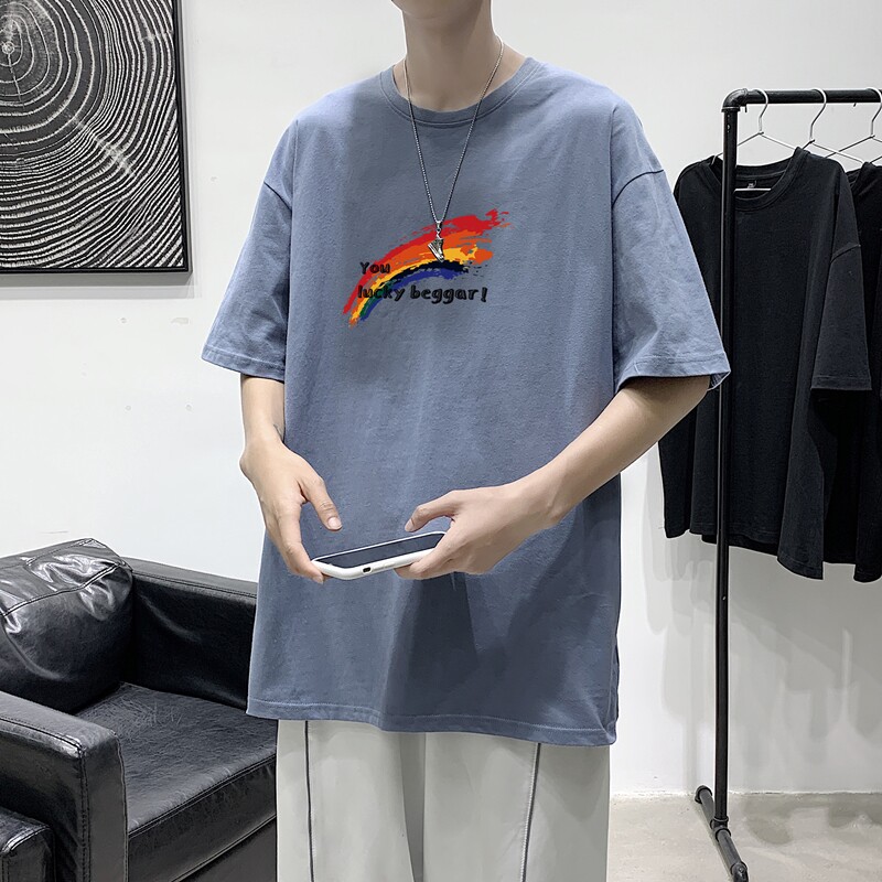 T1623P25港风彩虹涂鸦印花圆领T恤男加大加肥港风模特男士宽松T恤,男装T恤,星座510A-1