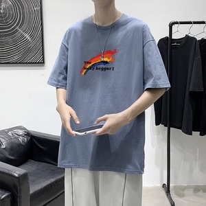 T1623P25港风彩虹涂鸦印花圆领T恤男加大加肥港风模特男士宽松T恤图片