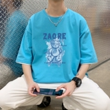 T3588已爆男港风T恤落肩款宽松T恤克莱因蓝T圆领卡通印花T恤，男装T恤，星座510A-1