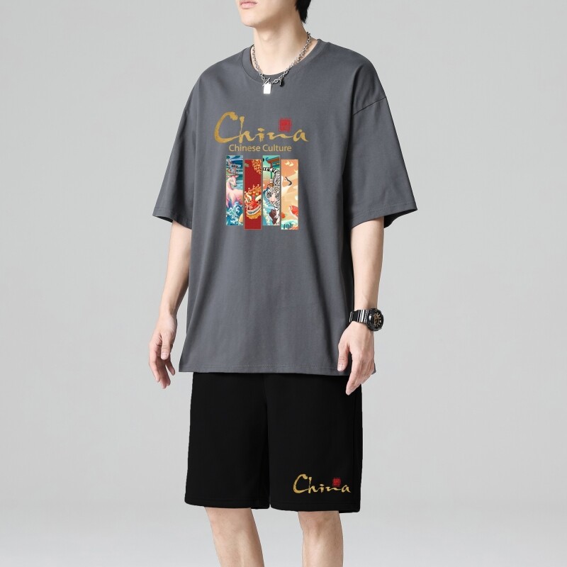 TZ3887轻奢时尚感男士短袖t恤男夏季薄款潮牌短裤休闲运动套装,男装休闲套装,星座510A-1