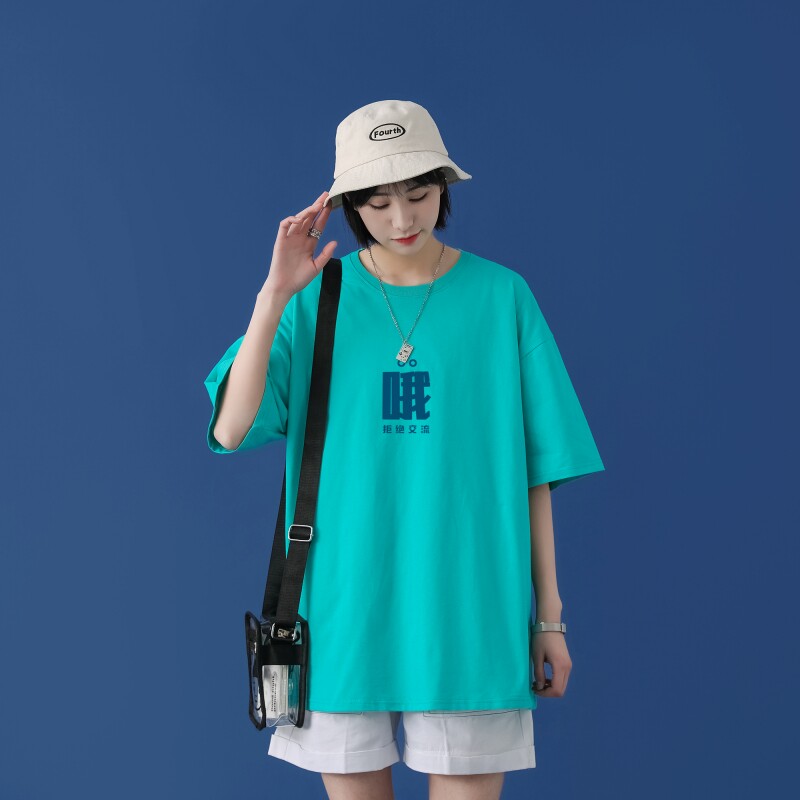 T2282P25中性女模男士t恤宽松潮ins夏季潮流胖子大码五分袖打底衫图片