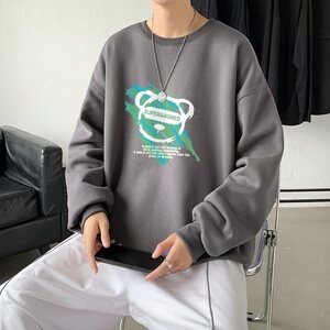 Y2827P38新春新款港风印花圆领卫衣男潮宽松帅气百搭休闲外套