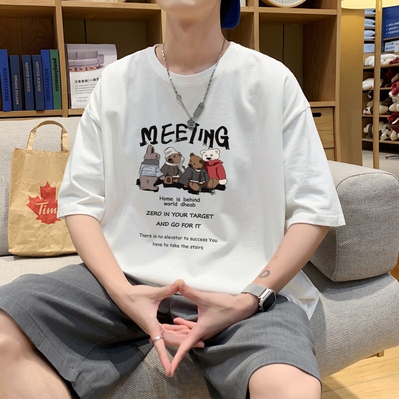 T3584P25已爆2022港风宽松圆领T恤夏装情侣卡通小熊印花短袖T恤图片