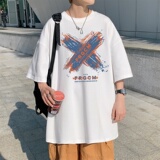 T3671P25已爆落肩款宽松T恤克莱因蓝T圆领卡通印花T恤男港风T恤，男装T恤，星座510A-1