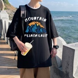T3673P25已爆克莱因蓝T圆领卡通印花T恤男港风T恤落肩款宽松T恤，男装T恤，星座510A-1