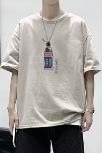 T1754P25 港风100%棉2022新款短袖T恤男可乐瓶印花青春休闲T恤图片