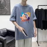 T1627P25港风涂鸦鬼脸印花圆领T恤男加大加肥港风模特男士宽松T恤，男装T恤，星座510A-1