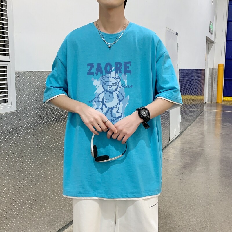 T3588P25已爆夏季新款港风高街纯棉可供抖音直播小熊印花短袖T恤图片