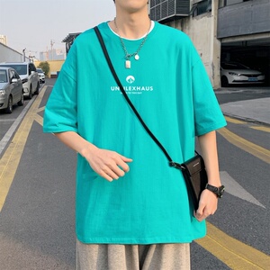 T3468P25落肩款宽松T恤克莱因蓝T圆领T恤男英文印花港风T恤图片