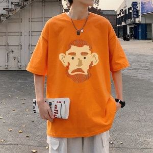T3674已爆 克莱因蓝T圆领卡通印花T恤男港风T恤落肩款宽松T恤图片