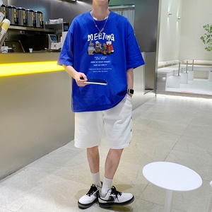 T3584P25已爆 男港风T恤落肩款宽松T恤克莱因蓝T圆领卡通印花T恤图片