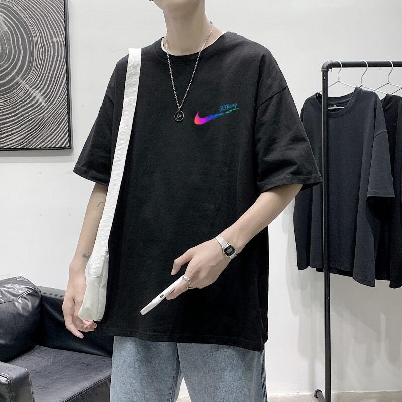 T2227P25港风室内短袖男纯棉港风潮拒绝喝酒印花宽松情侣装T恤图片