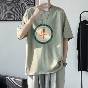 T1683P25 港风 100%棉 2022新款短袖T恤男印花青春休闲图片