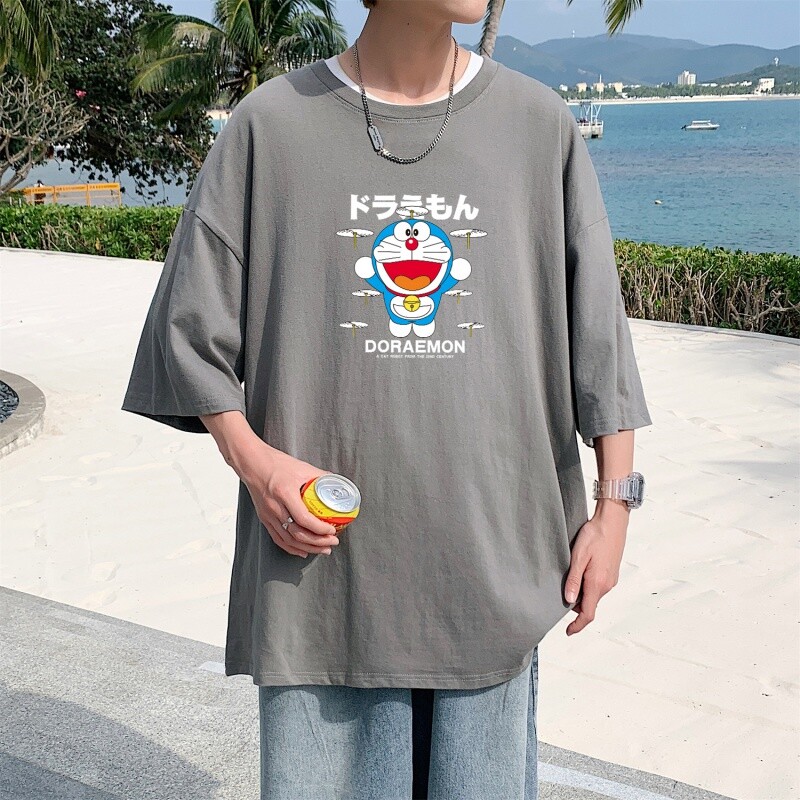 T3464男港风T恤落肩款宽松T恤克莱因蓝T圆领日系卡通印花T恤图片