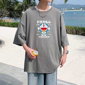 T3464男港风T恤落肩款宽松T恤克莱因蓝T圆领日系卡通印花T恤图片