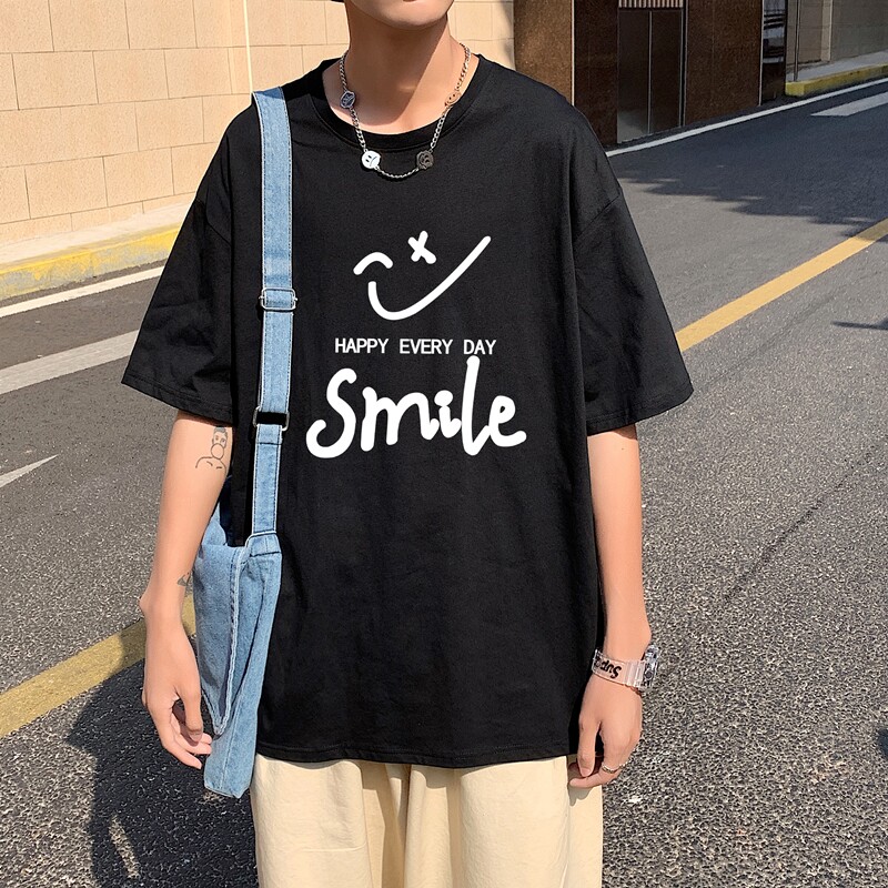 T1794P25港风室外纯棉2021男线条笑脸英文印花短袖T恤宽松T恤图片