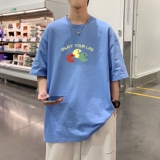 T3586已爆男港风T恤落肩款宽松T恤克莱因蓝T圆领卡通印花T恤，男装T恤，星座510A-1