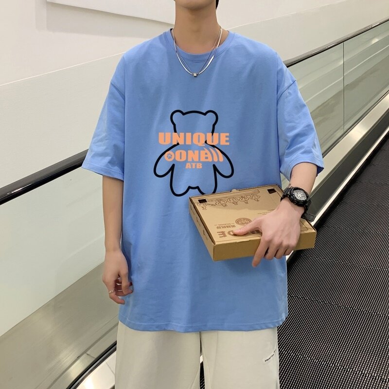 T3585已！港风体恤衫男重磅短袖T恤男士克莱因蓝半袖,男装T恤,星座510A-1
