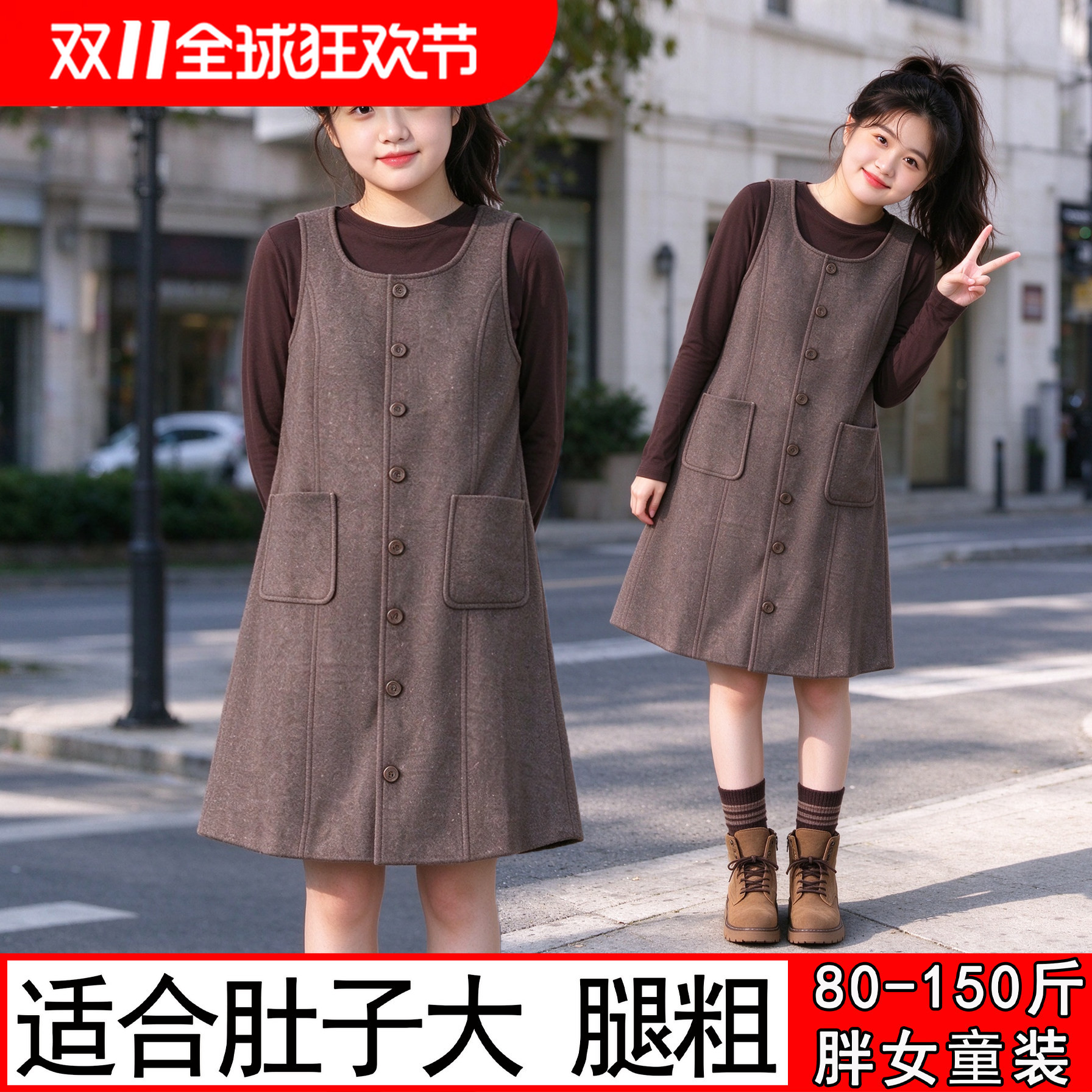 胖女童打底衫背心连衣裙女大童秋冬学院风纽扣两件套装裙遮肉显瘦