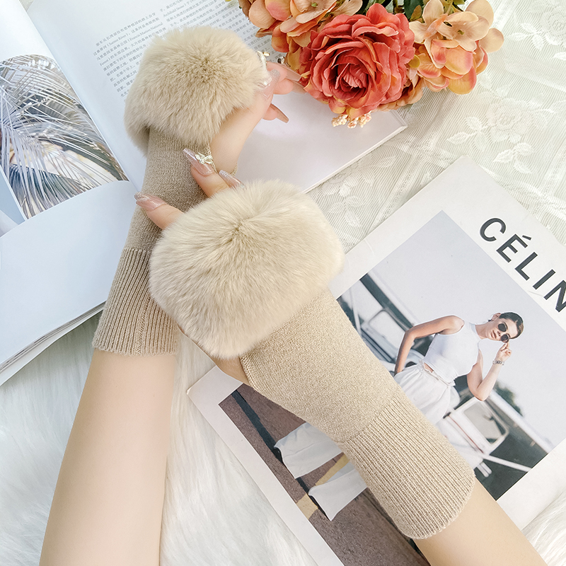 獭兔毛针织手套女冬季加厚保暖露指真毛手筒韩国可爱皮草半指手套