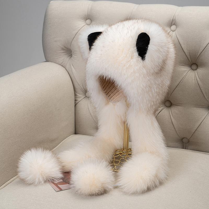 真狐狸毛护耳皮草帽熊猫耳朵