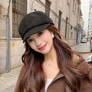 羊皮帽女款小羊皮鸭舌帽复古百搭黑色贝雷帽真皮帽子反绒皮报童帽