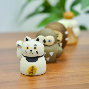 达摩卡通创意新年礼物 日本进口手工木制摆件招财猫可爱猫头鹰日式
