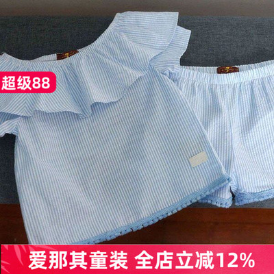 652外贸女童短袖衬衫娃娃衫上衣短裤二件套装夏季薄款 微疵