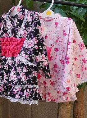 625日新款夏季女童和服套装棉布二件套短袖上衣 短裤 粉色无腰带