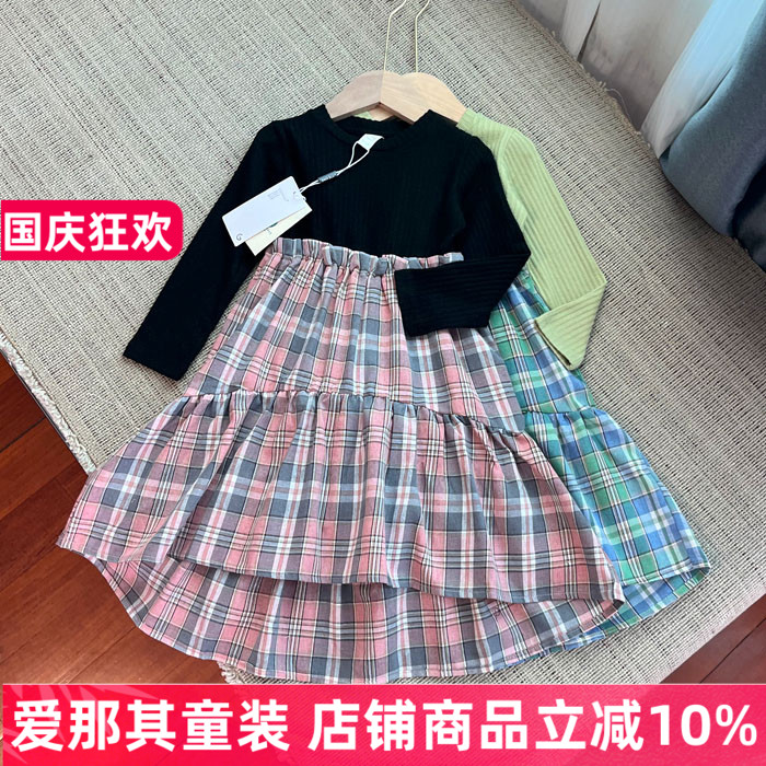 600女童长袖连衣裙春秋夏季薄款拼色格子裙110-150cm
