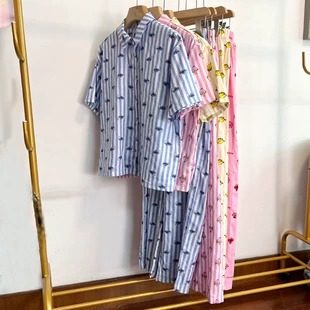 204男女短袖上衣长裤夏季薄款纯棉家居服外出休闲155-175cm