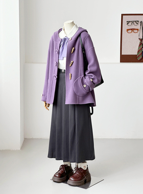 秋冬减龄紫色学院风连帽牛角扣可爱百搭手缝绵羊毛大衣外套FS13