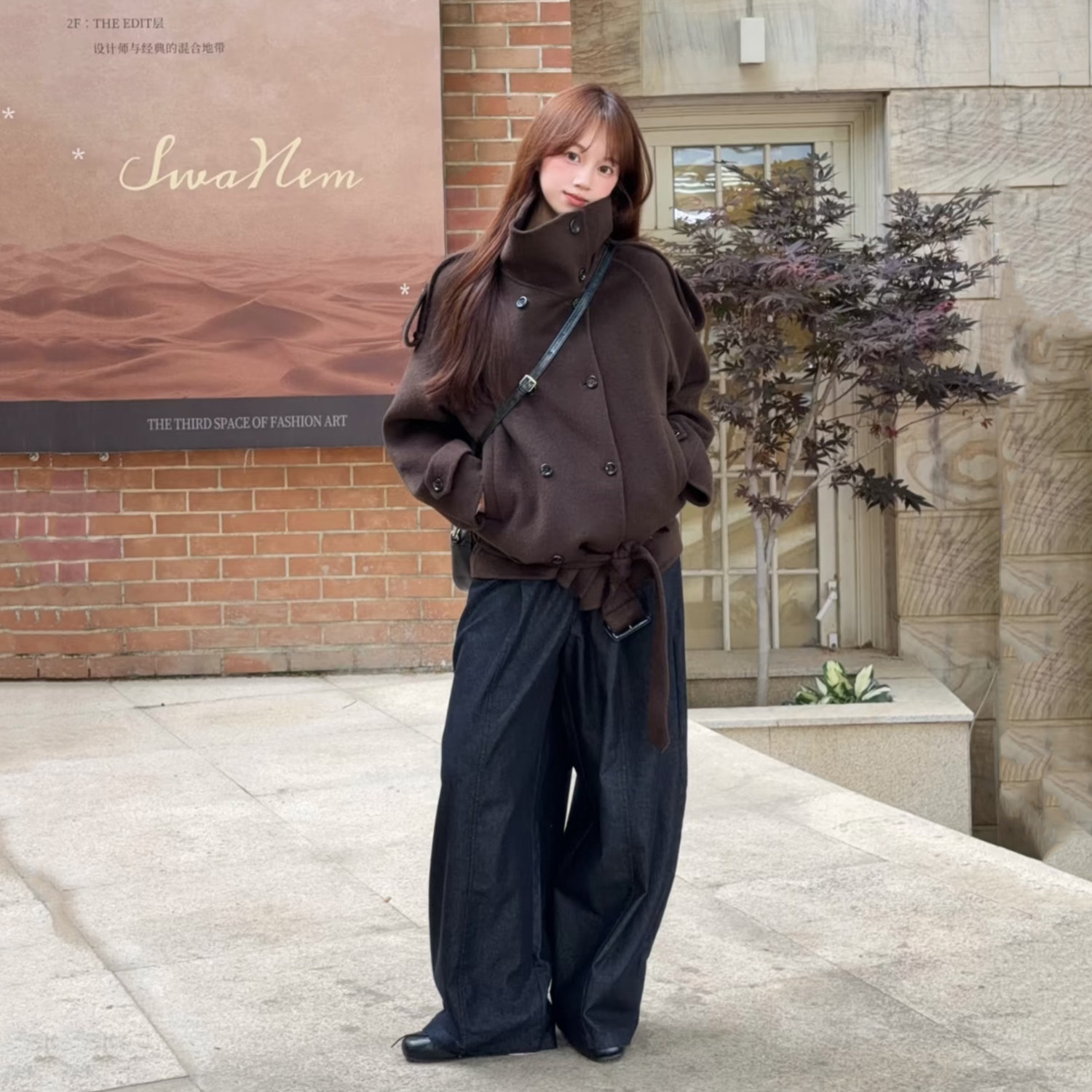 复古机车风双排扣毛呢外套女短款立领宽松设计感羊毛夹克HL175